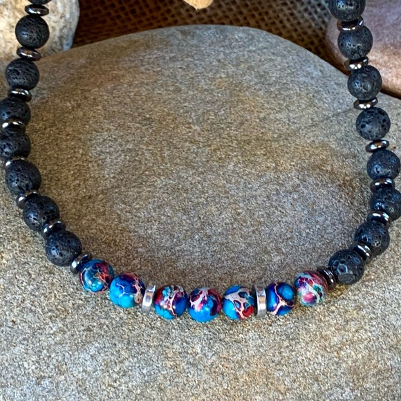 Blue Agate & Lava Stone Necklace - Picture 3 of 8